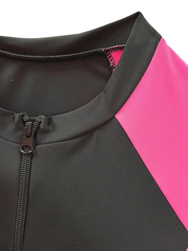 【Plus Size】 Colorblock Zipper Mock Neck Peplum Top & Skinny Pants Swimsuit Set, Sporty Tight FIt Long Sleeve Swim Top & Swim Leggings, Women's Spring & Fall Swimwear, Activewear 3
