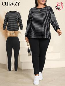 CURVZY Plus Size Two-Piece Set Striped Print Drop Shoulder Tee & Skinny Pants, Casual Fashion Cozy Round Neck Long Sleeve Top & Leggings for Daily Outdoor Wear, Women's Clothing for All Seasons