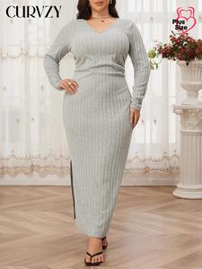 CURVZY Plus Size Autumn Aesthetic Solid Color Ruched Split Hem Bodycon Dress, Casual Long Sleeve V Neck Long Dress for Daily Outdoor Wear, Women Plus Clothing for Spring & Fall