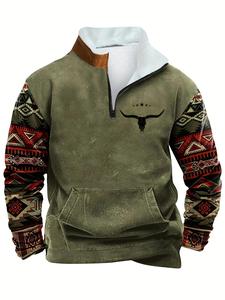 Sudadera de hombre con patrón étnico, cierre y capucha, tipo fleece, corte regular casual, manga larga con hombro caído, ideal para otoño e invierno, prenda superior para uso diario
