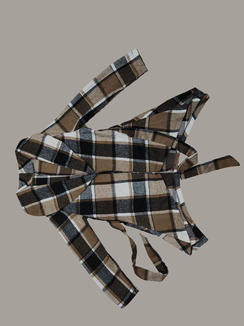 Product Introduction of Women's Plaid Print Belted Asymmetrical Hem Coat, Elegant Long Sleeve Waterfall Collar Outerwear for Fall & Winter, Women's Clothing for Daily Wear 11