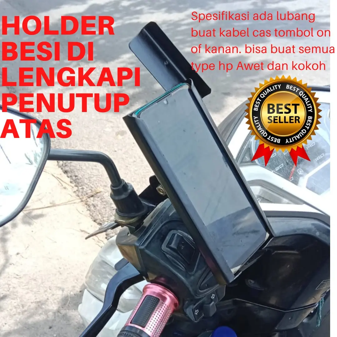holder hp motor besi universal di lengkapi penutup atas Handphone
