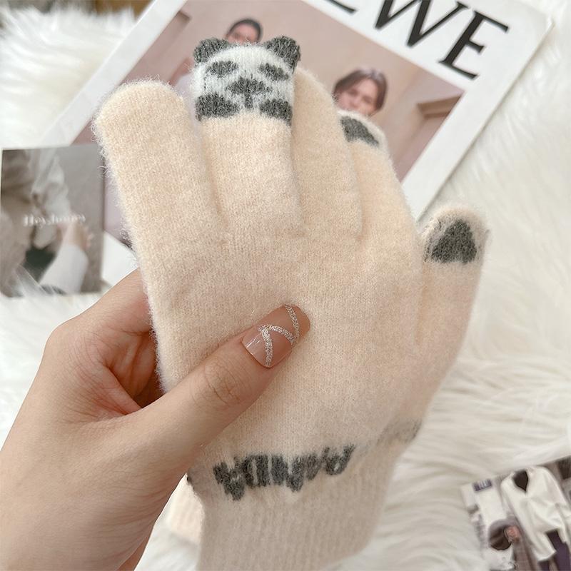 Kawaii Touchscreen Winter Gloves‌ – 5-Finger Knitted Design with Thermal Fleece Lining, Waterproof TPU Thumb Patch & Reflective Stripes (Bike Riding Approved) ‌ 2