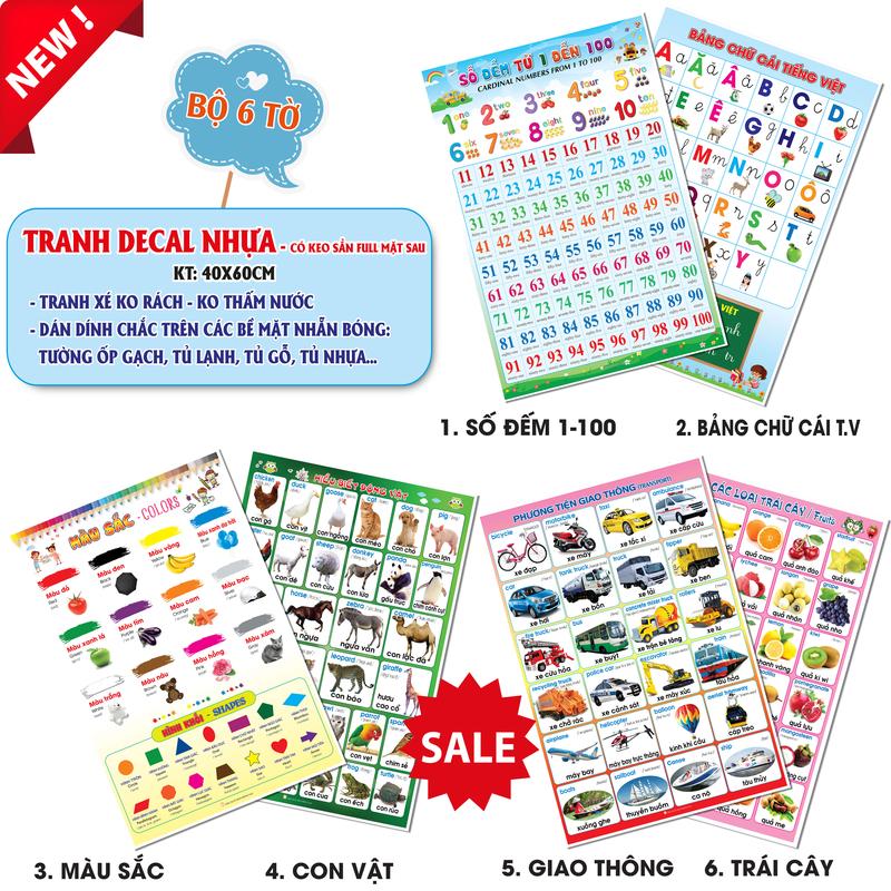 Bộ 6 tranh decal dán tường cho bé (loại tốt decal nhựa có keo sẳn) - bảng chữ cái, số 1-100, xe, trái cây, CV, MS - Đồ Chơi