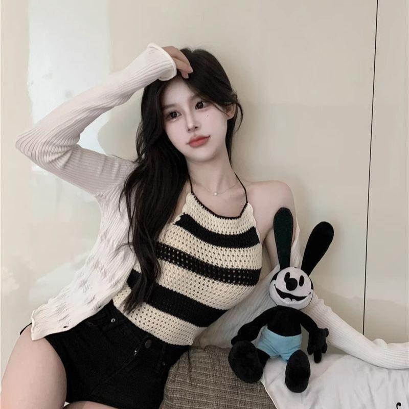 Product Introduction of [2241 People Collected] Summer Pure Desire Style Halter Neck Off-Shoulder Sweet Spicy Girl Striped Camisole Vest for Women Tight Slimming Inner Wear Top Outer Wear 8