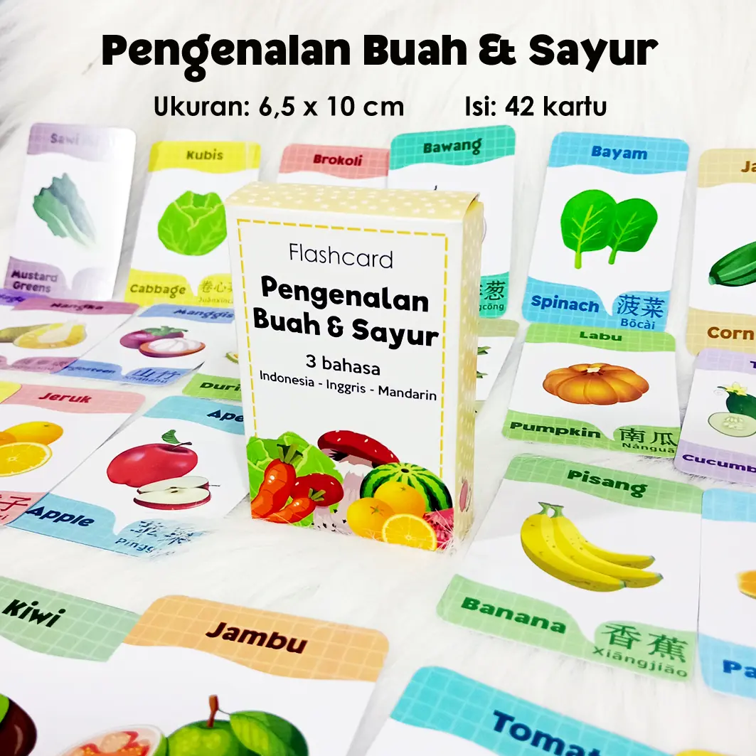 Flashcard pengenalan nama buah sayur 3 bahasa / kartu pintar anak / kartu belajar / kartu edukasi / flashcards Toys