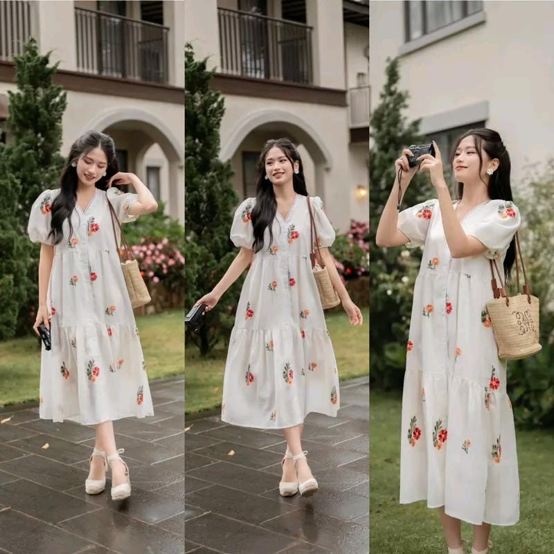 có size 40-92kg Đầm bigsize thêu hoa viền ren - Đầm bầu váy bầu xinh dáng baby doll Nữ Women Dress Babydoll Voan Kem