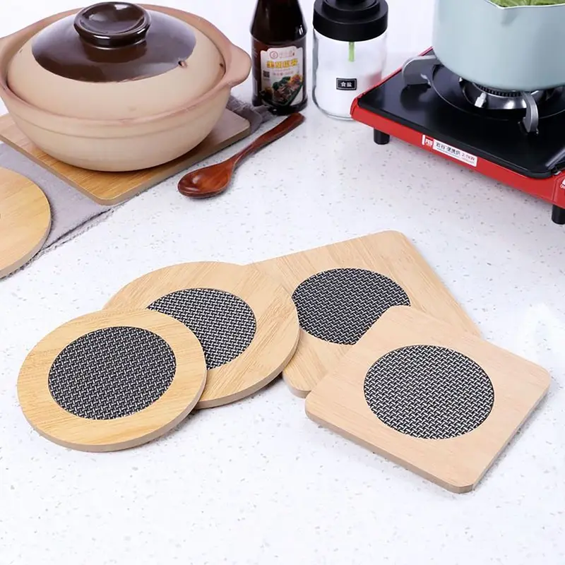 Tấm lót nhiệt bằng gỗ, thiết kế sáng tạo, với thảm chống trượt, hình tròn và hình vuông, tấm cách nhiệt, không thấm nước, đế lót ly, cho đồ dùng nhà bếp trong nhà bếp 1