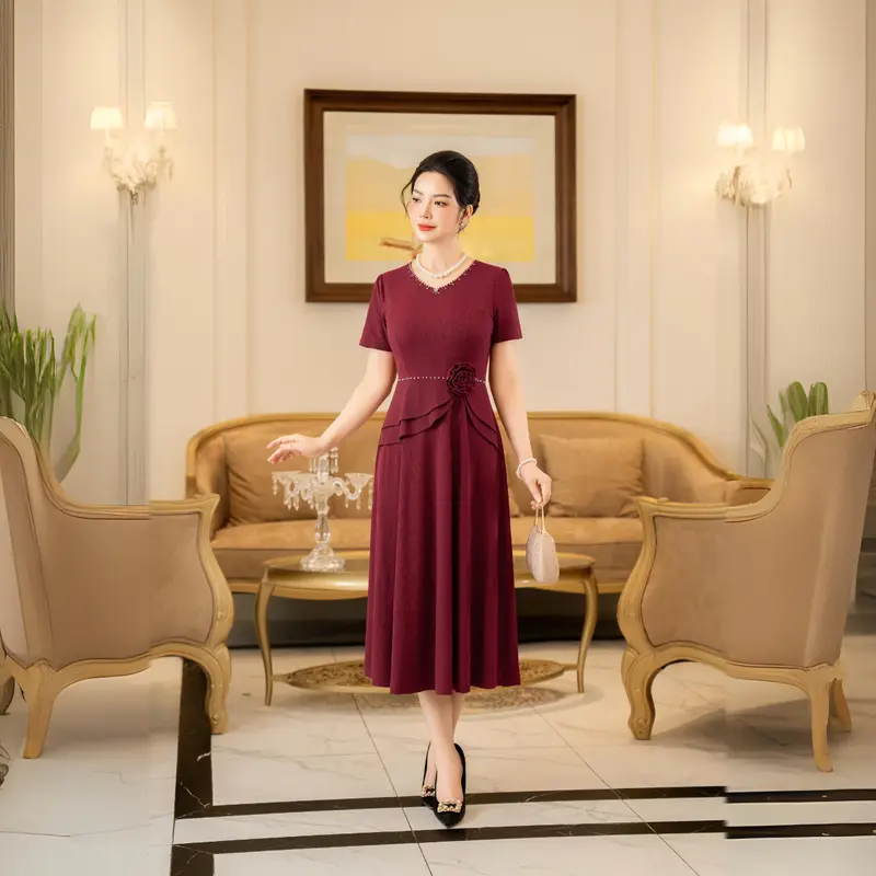 Đầm trung niên tặng mẹ LYBEE LV930 thun gấm nhật co giãn 4 chiều mặc thỏa mái, sang trọng, thấm hút mồ hôi, đủ size từ 45-80kg Nữ Women Dress Màu Đỏ 0