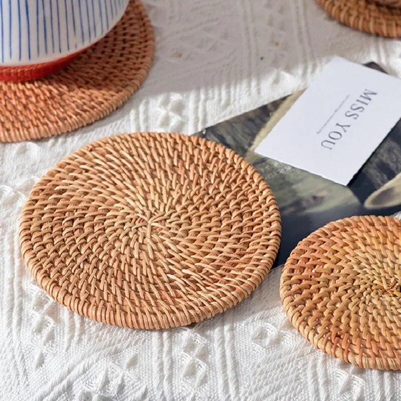 SNA READY STOCK Handmade Rattan Coasters Cup Pad Tea Mats Coaster Cup Potholders Table Mats Bowl Mats Cutlery Dish