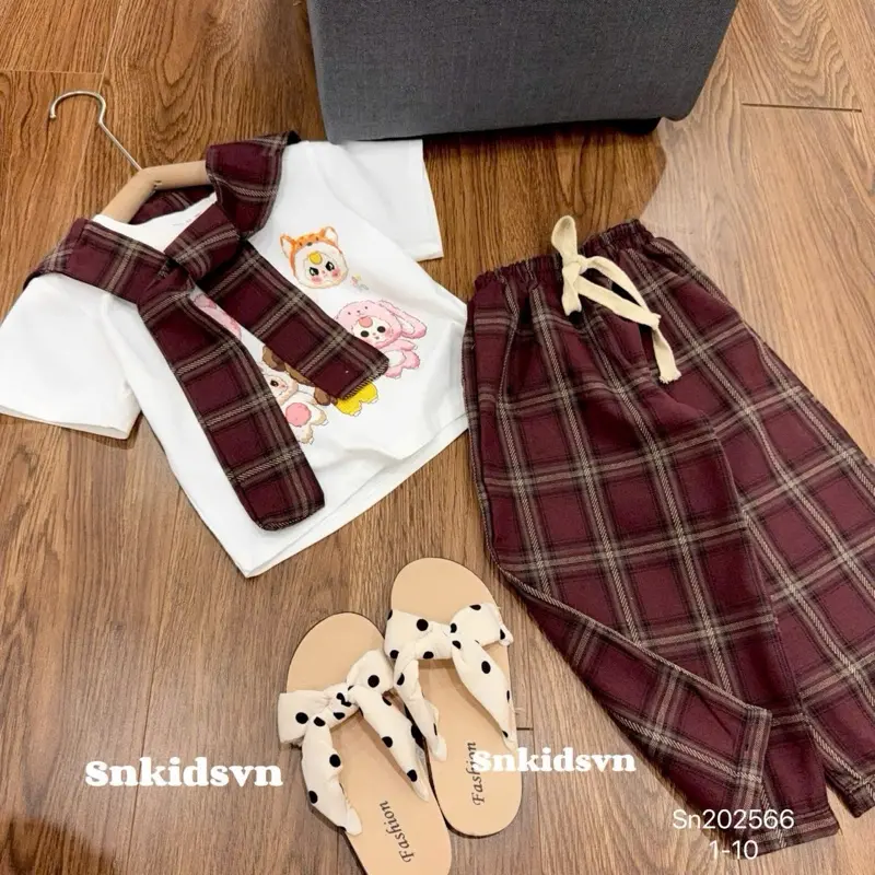 Set Quần suông kẻ áo cotton babythree kèm khăn - set quần kaki boom áo labubu croptop tay dài nhún eo 2 bên 10-30kg cho bé gái Cotton 6