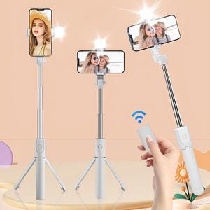 ライト付き スマートセルフィースティック 360°回転 伸縮式 三脚 ワイヤレスリモコン付き
