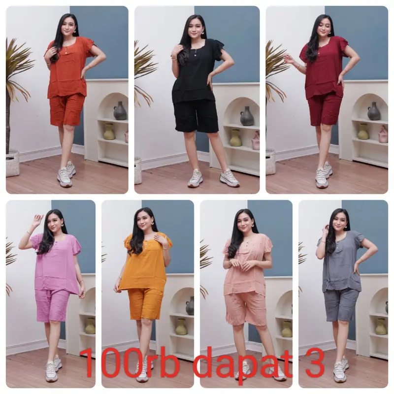 Paket Bundling 100 Rb dapat 3 Pcs Setelan Celana Pendek Busui Bahan Rayon Wanita Baju 0