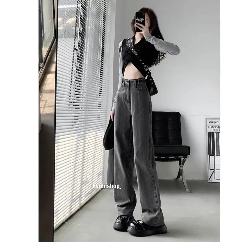 Quần jean nữ ống rộng lưng cao màu Xám Bạc phong cách Retro (Có Bigsize, Nhiều mẫu) - Quần jeans baggy suông Kyubi QJ25 Pants 2
