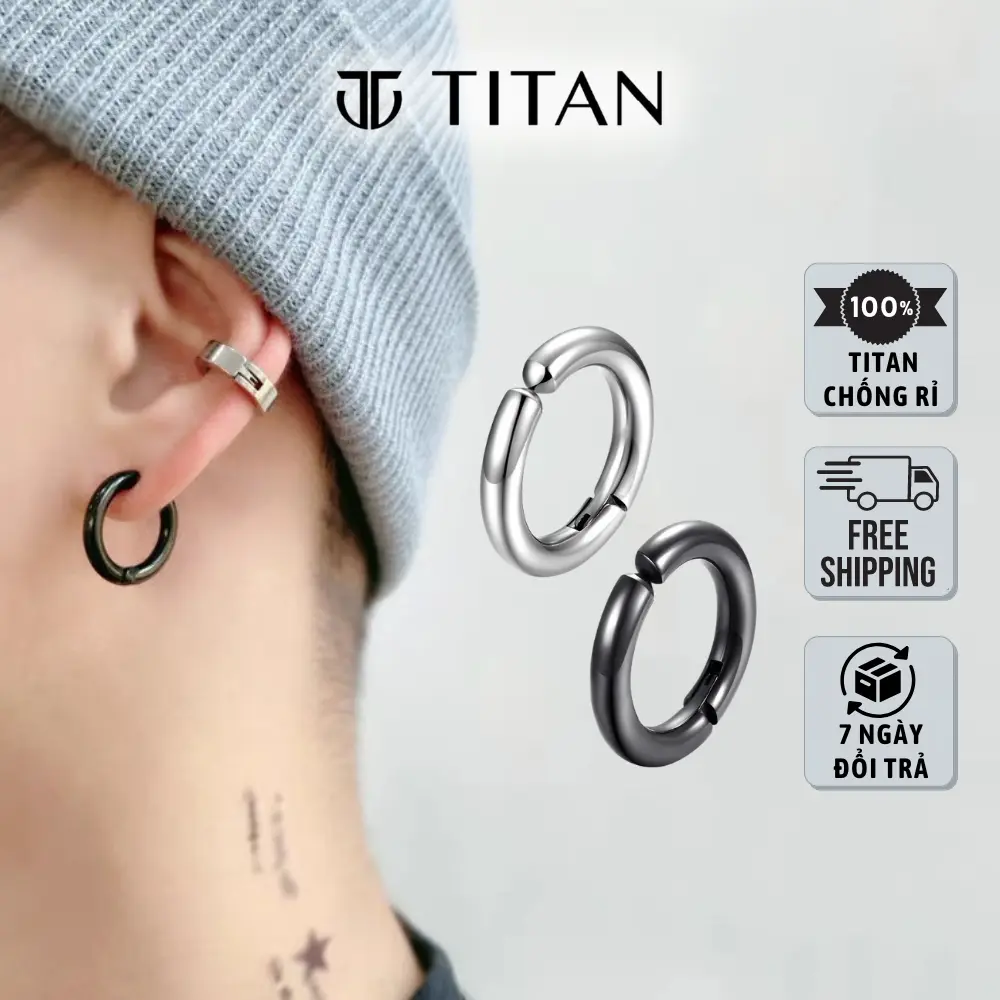 Khuyên tai nam tròn unisex, bông tai không cần bấm lỗ cá tính, khuyên kẹp vành tai 2 màu bạc đen TITAN Shop Hoa Voi