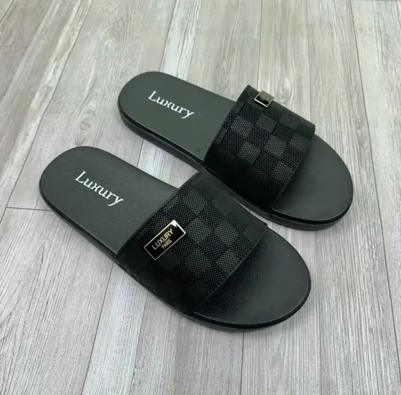 [ Khâu quai máy đế ] dép da nam quai ngang da sít sần logo luxury,đế cao su slipper 2