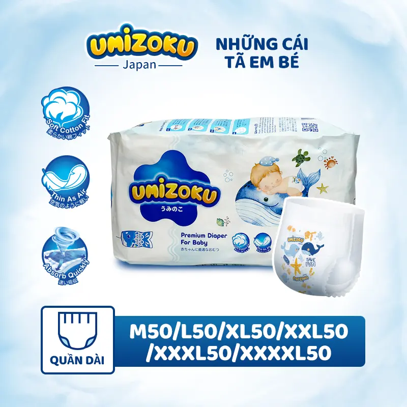 100 miếng UMIZOKU Tã giấy trẻ em Nhật Bản phiên bản nâng cấp mọi kích cỡ M/L/XL/2XL/3XL/4XL