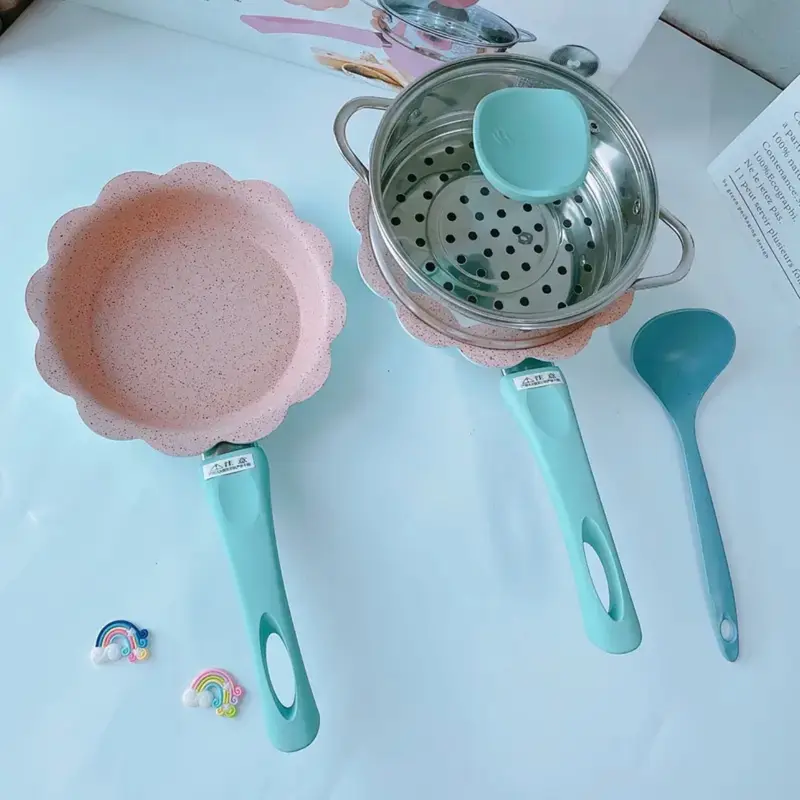 ( Sẵn Hàng ) Bộ Nồi Chảo Đá Hoa Cho Bé Ăn Dặm Cao Cấp Kèm Xửng Hấp Chống Dính Dùng Được Bếp Ga Từ Hồng Ngoại Mamabu 0