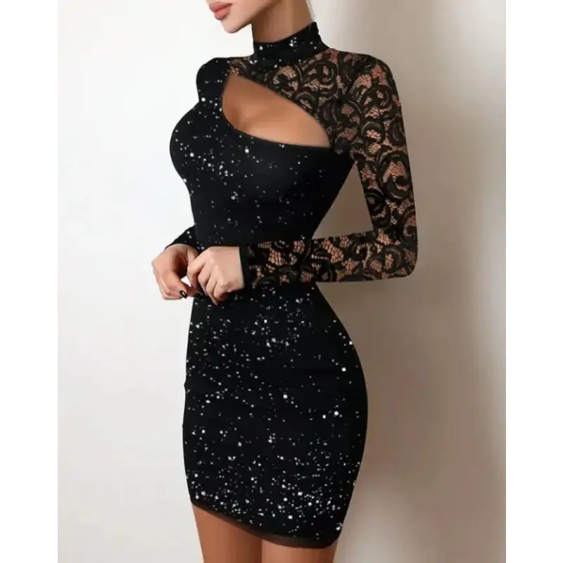 Dresses for Women Female Party Dresses Wedding Guest Temperament Women's Skinny Glitter Contrast Lace Cutout Bodycon Dress Formal Womenswear Lingerie Workwear Comfort Basic Festival Longsleeve