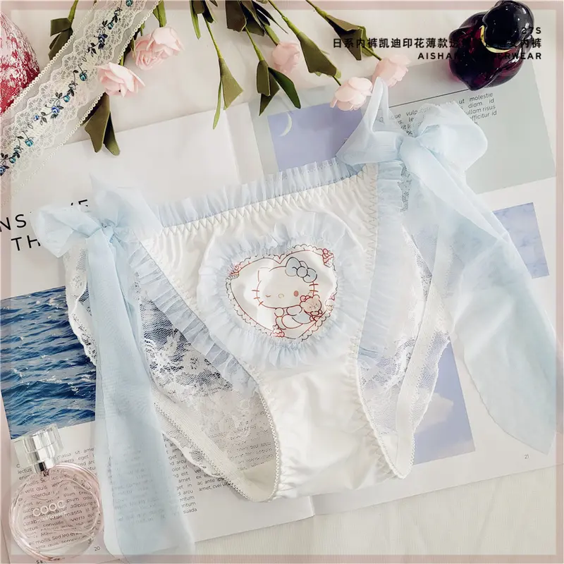 Đồ Lót In Hình Cô Gái Dễ Thương, Phong Cách Kitty, Ngọt Ngào Và Nóng Bỏng, Ren Mỏng, Thoáng Khí, Không Đường May, 30327S 1
