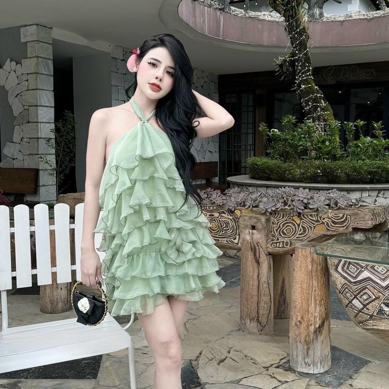 Váy thiết kế - Váy tơ cổ buộc bèo tầng xếp xinh sang full màu hồng xanh kem đen 1253 Nữ Women Nữ Women Nhung Dress 6