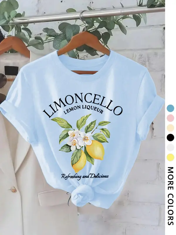 Women's Lemon & Letter Print Round Neck Tee, Vintage Trendy Casual Crewneck Short Sleeve T-shirt for Daily Wear, Ladies Summer Top, Fitted Womenswear 5