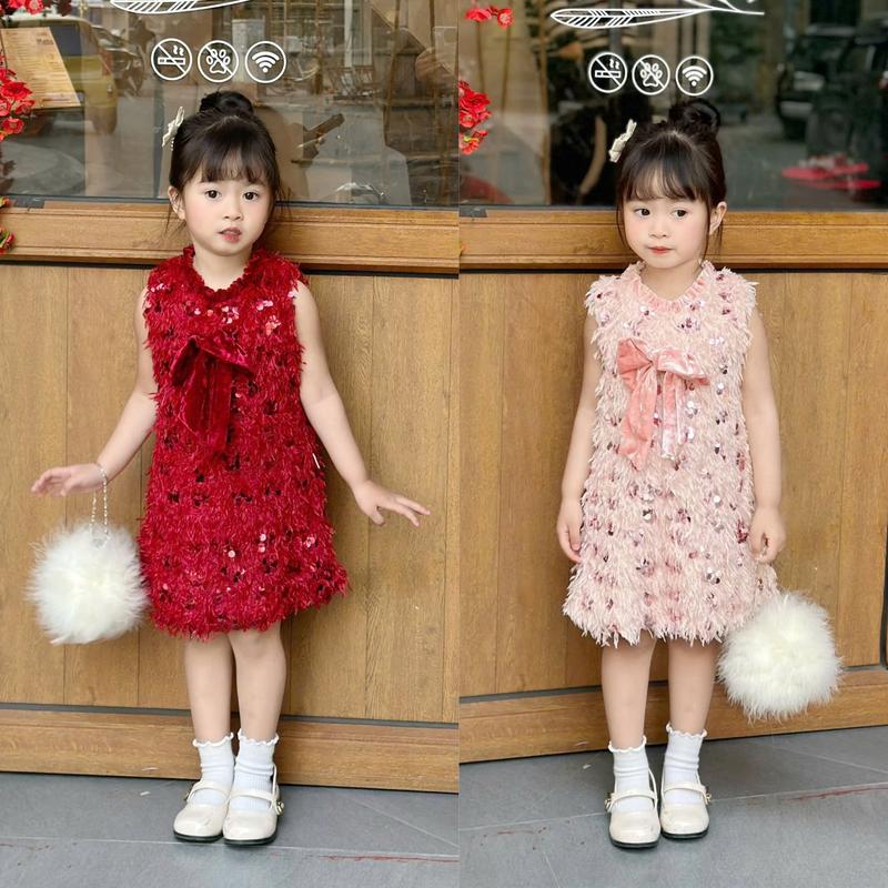 Váy kim sa lông vũ đính nơ 2 màu đỏ hồng 8-22kg ( bé dưới 6 tuổi)
