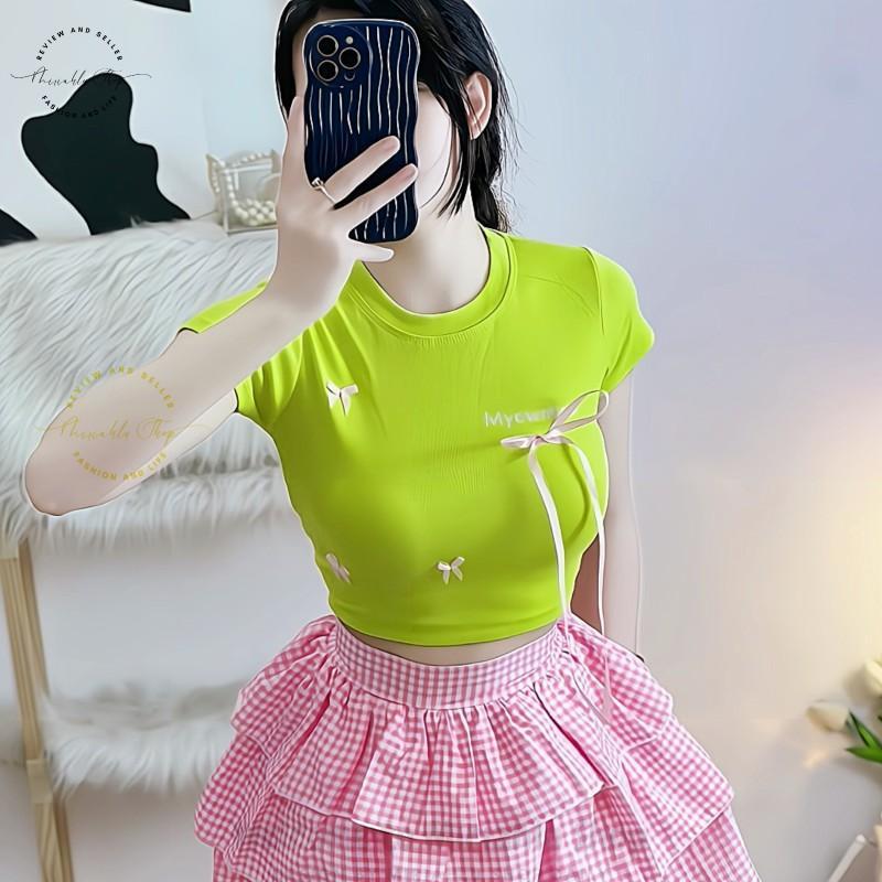Product Introduction of Áo Croptop Borip Basic Ôm Body In Chữ "I Don't Chase" Đính Nơ Dài, MLS11, Women Thun Sen Sò Hoa Sen Trắng Kem Tre Cổ Tròn Dáng Ngắn 33