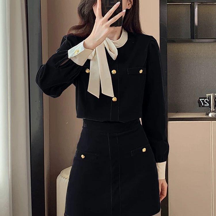 Bộ Đồ Thắt Nơ Kafuu, Áo Nhung, Váy Cạp Cao Bộ Đồ Hai Mảnh Bó Sát Hàng Mới Về Thu Đông, Năm 2025 1