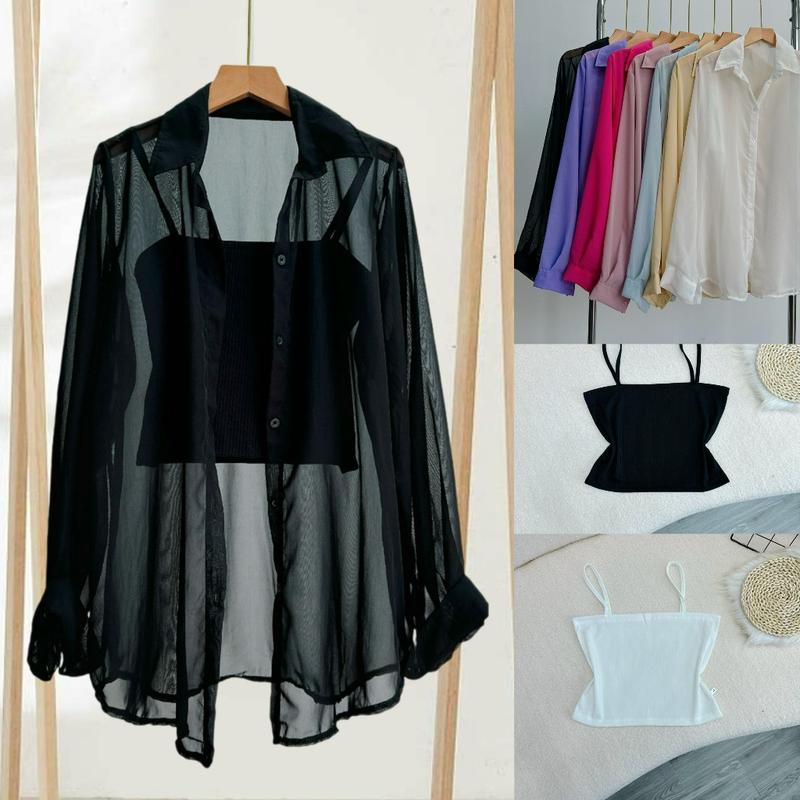  Set Áo Sơ Mi Voan Bigsize Tay Dài Khoác Ngoài Mỏng  Kèm áo Dây Croptop Bra Quây Ống Quyến Rũ Thời Trang SET915 Kem Women Nữ Shirt 