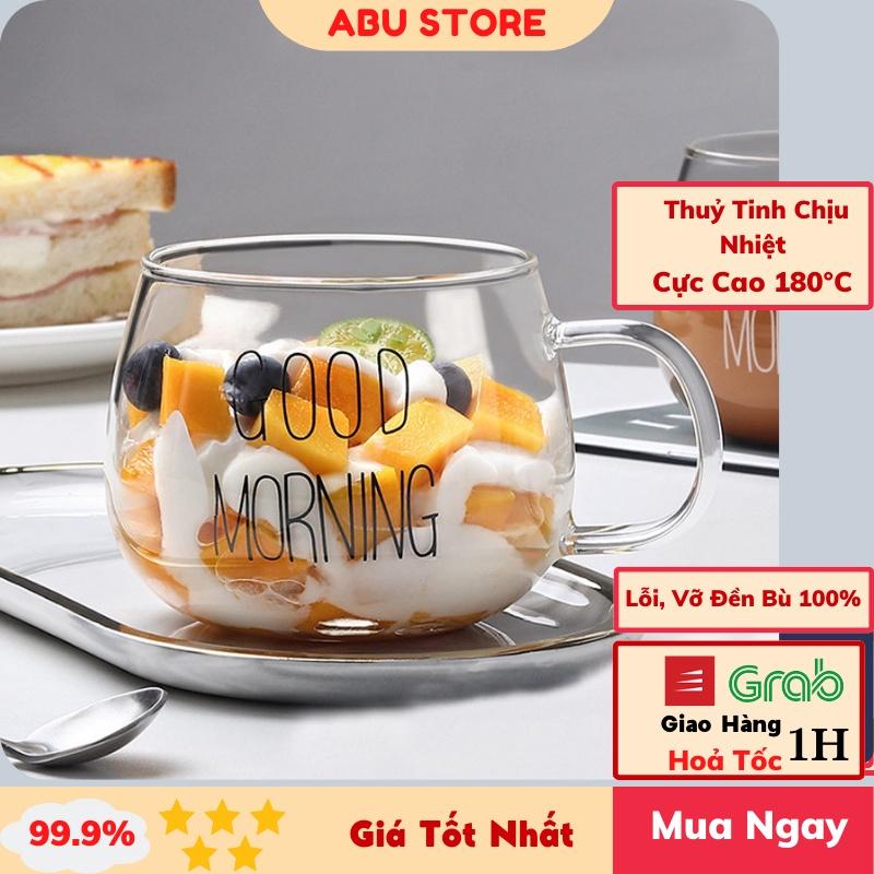  Ly thủy tinh GOOD MORNING cute dễ thương 350ml chiu nhiệt Cốc thủy tinh uống nước HOTREND hiện nay ABUSTORE 