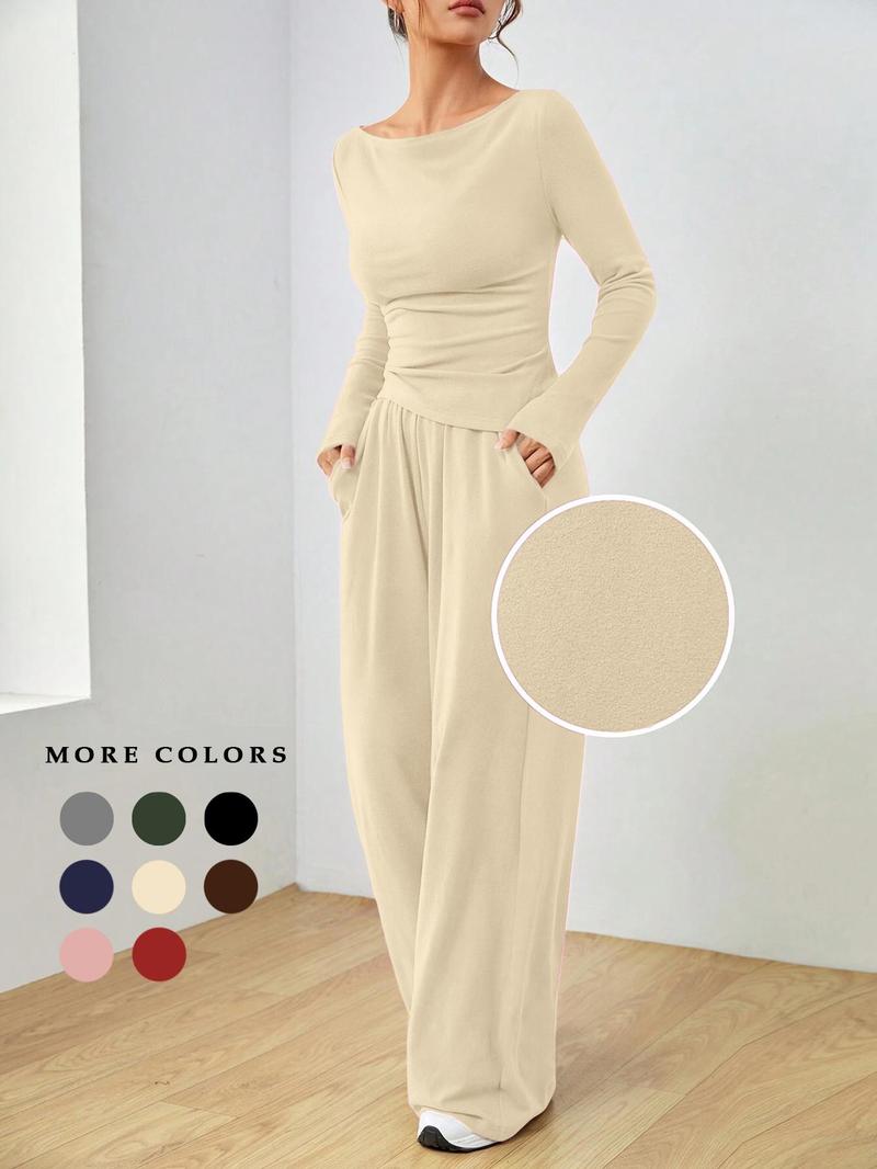 Product Introduction of Women's Solid Ruched Asymmetrical Hem Tee & Pants Set, Casual Boat Neck Long Sleeve Top & Trousers, Women's Spring & Fall Clothes 7