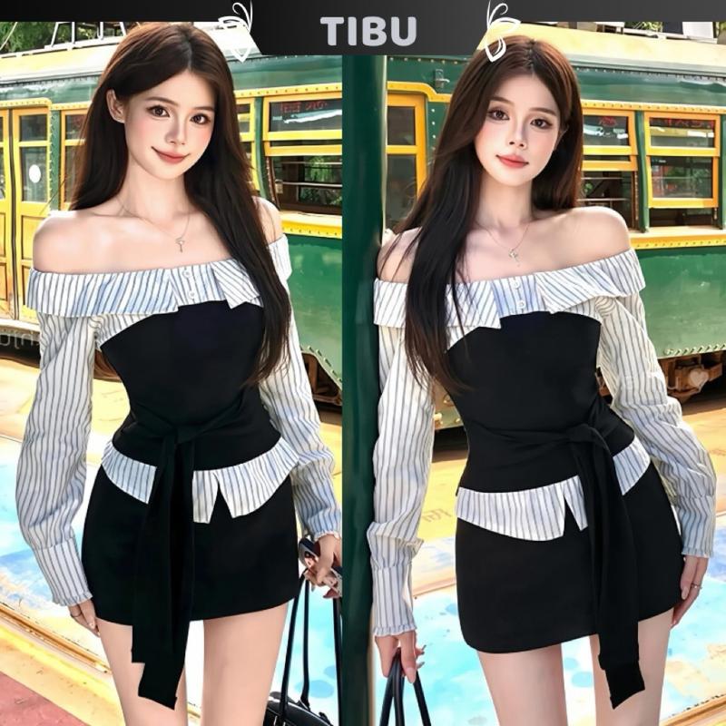  Set Áo Trễ Vai Buộc Eo Kẻ Sọc Phối Chân Váy TIBU Set Đồ Nữ Sang Chảnh Đi Chơi Dạo Phố Thu Đông B626 