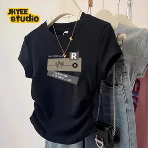 JKTEE Ruched Crop Tee -TIME TRIES ALL R | Kaos Ruched Crop Top Serut Premium Wanita Crew Neck Slim-Fit | Atasan Lengan Pendek DTF Print Coquette Retro Y2K Korean Style | COD