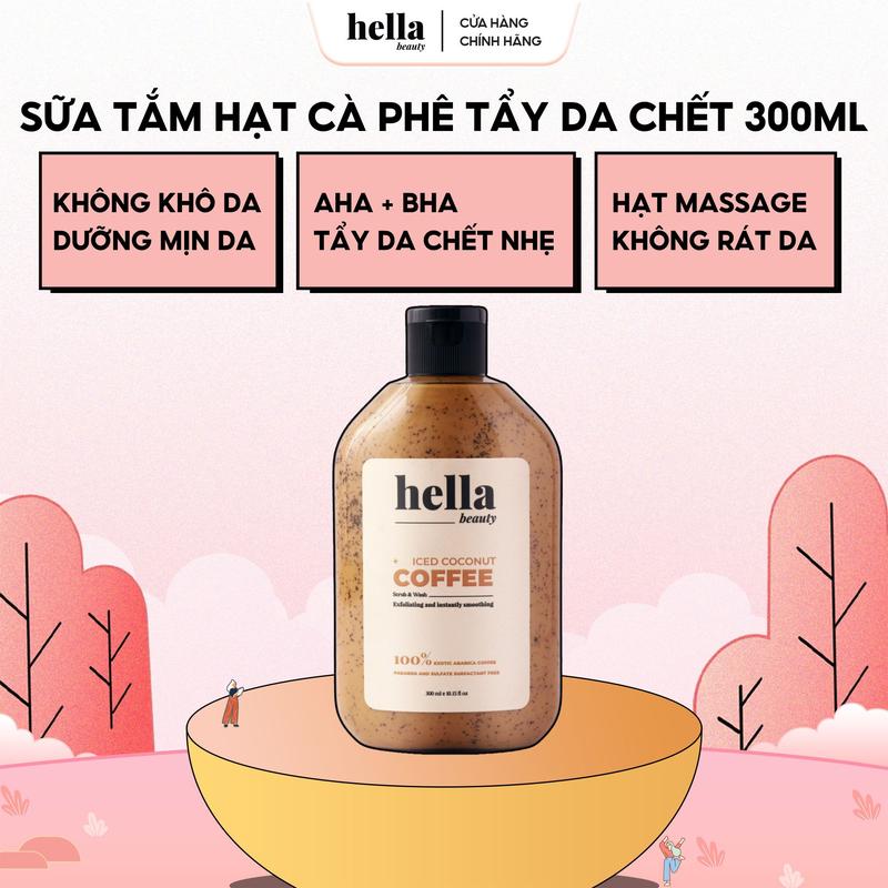 Sữa tắm tẩy tế bào chết hạt cà phê hữu cơ Hella Beauty 300ml Dưỡng Da Body