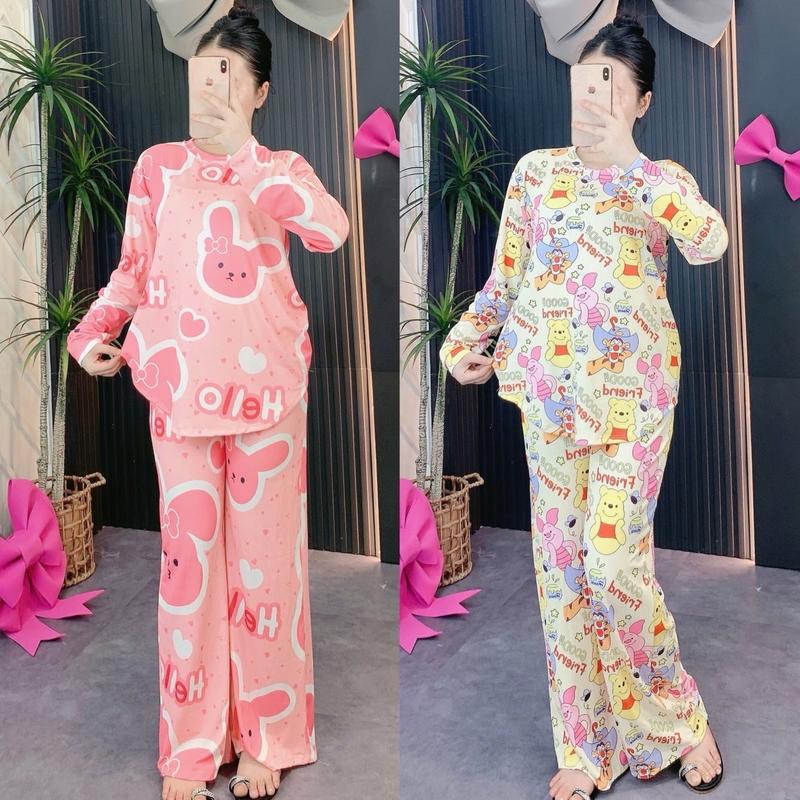 Set Bộ Thun Tăm Lạnh Tay Dài , Quần Ống Suông In Hoạt Hình Dễ Thương  Women
