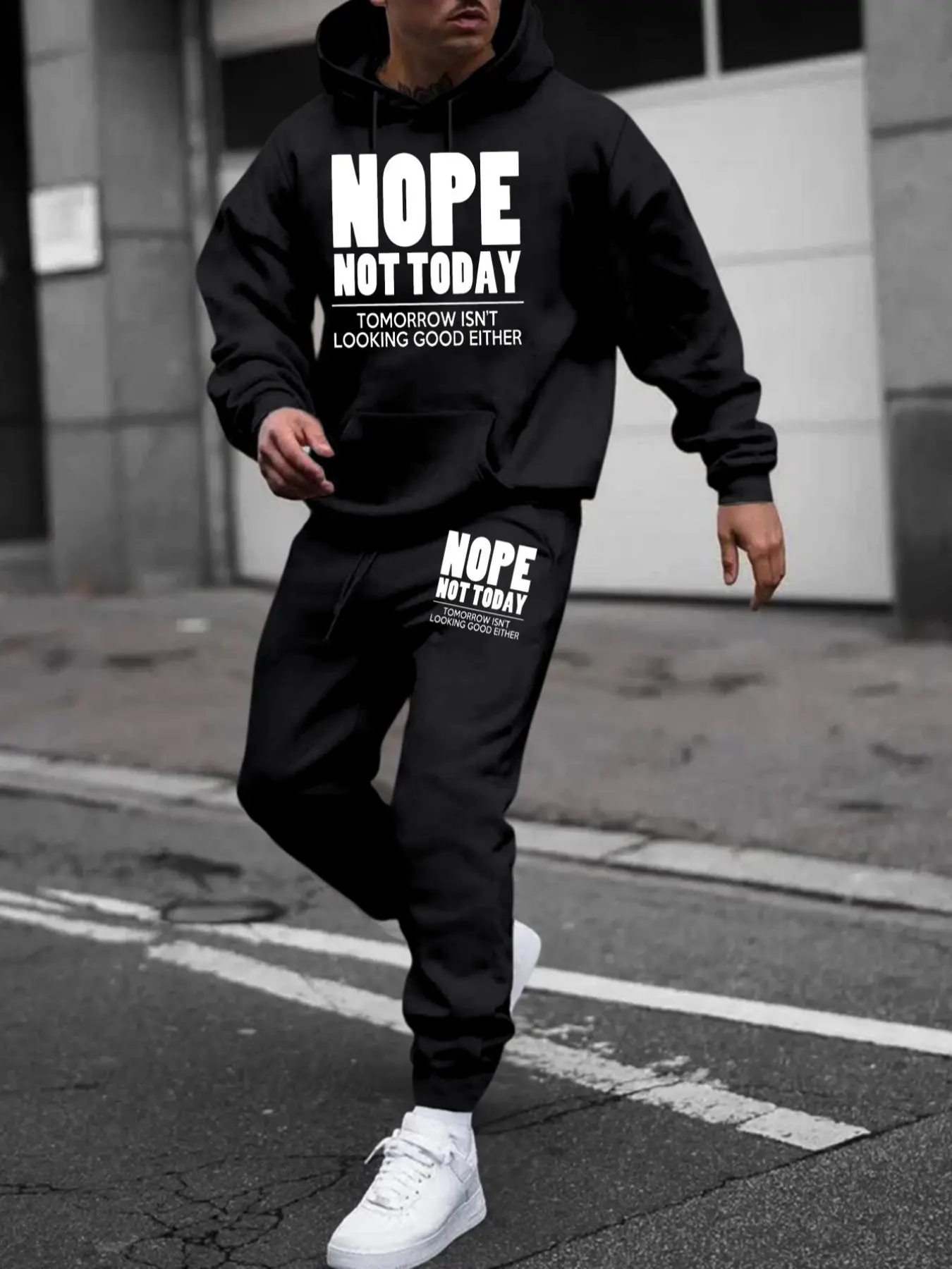 Men's Letter Print Pocket Sweatshirt & Drawstring Waist Sweatpants Set, Regular Fit Casual Long Sleeve Hooded Pullover & Jogger Pants, Men's Two-piece Outfits for All Seasons