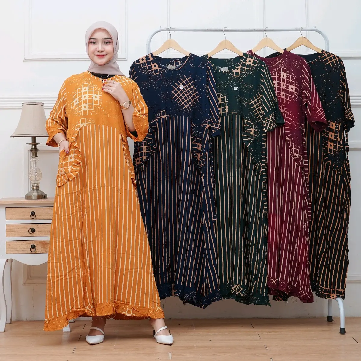 Gamis Rayon Premium motif Setrip kotak nyaman dipakai