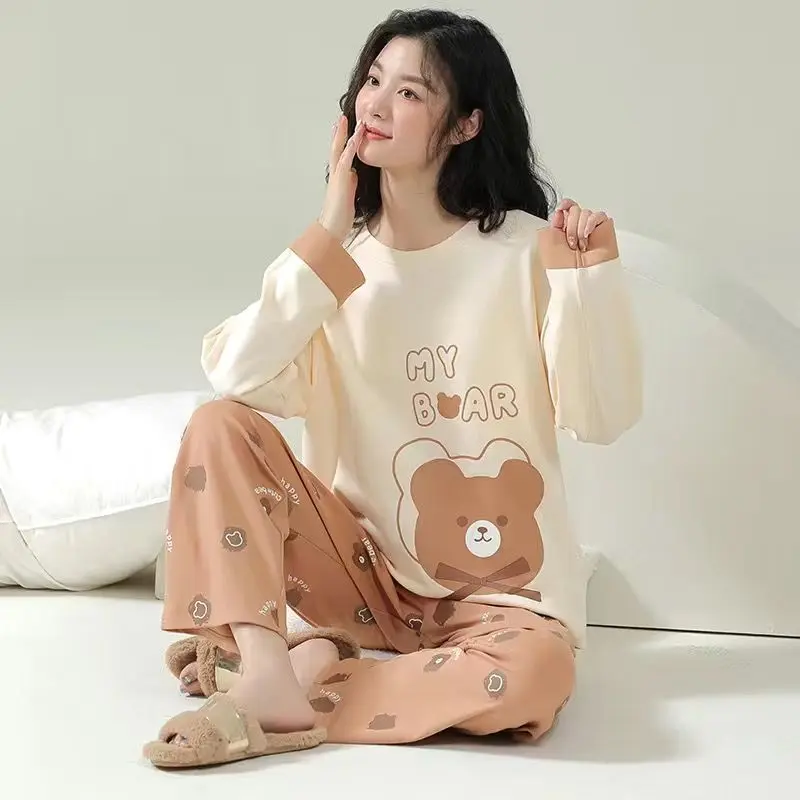 Bộ Đồ Ngủ, Dành Cho Nữ, Dài Tay, Phong Cách Hàn Quốc Mùa Thu, Dễ Thương Và Mỏng, Ngoại Cỡ, Dáng Rộng Vừa Vặn, Ngọt Ngào Và Thường Ngày, Bộ Đồ Hai Mảnh, Thích Hợp Mặc Nhà Áo