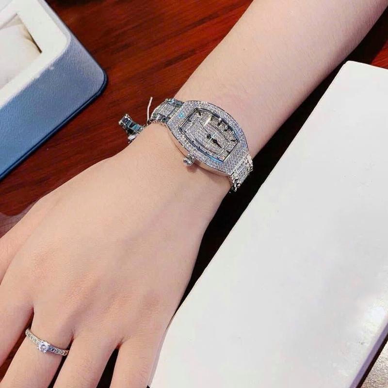  Đồng Hồ Nữ Gossie Mặt Bầu Đính Full Đá Phối Dây Gương Cắt 2 Màu: Vàng Trắng Women Đeo Tay 