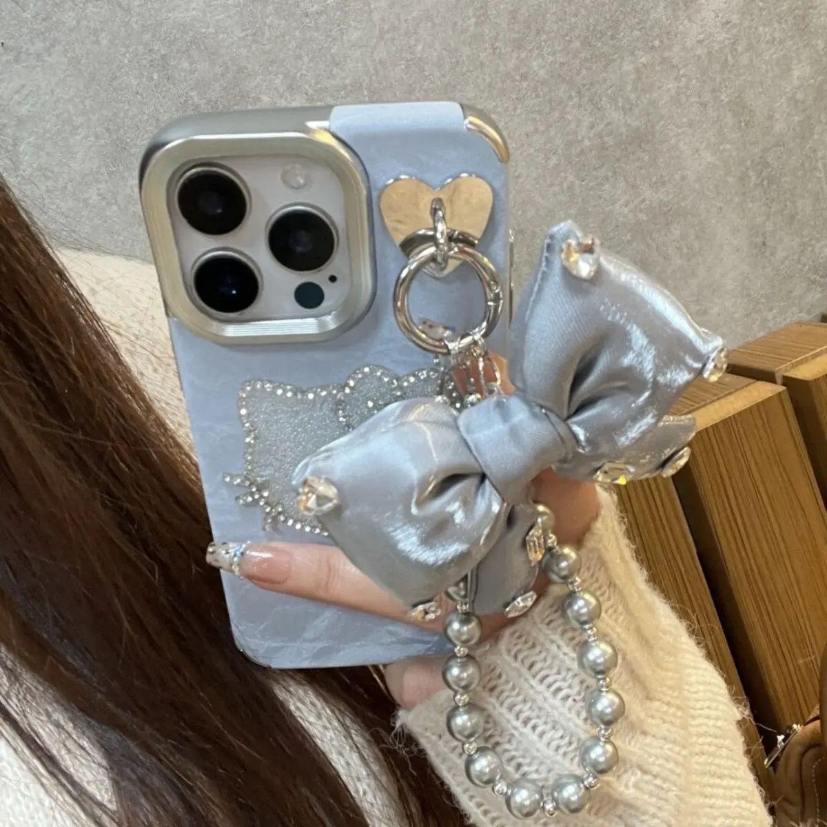 Ốp Điện Thoại Hình Mèo Lung Linh Cho Bé Gái, Ốp Bảo Vệ, Dành Cho iPhone 16promax, Có Dây Đeo Nơ, Ốp Điện Thoại Phụ Kiện