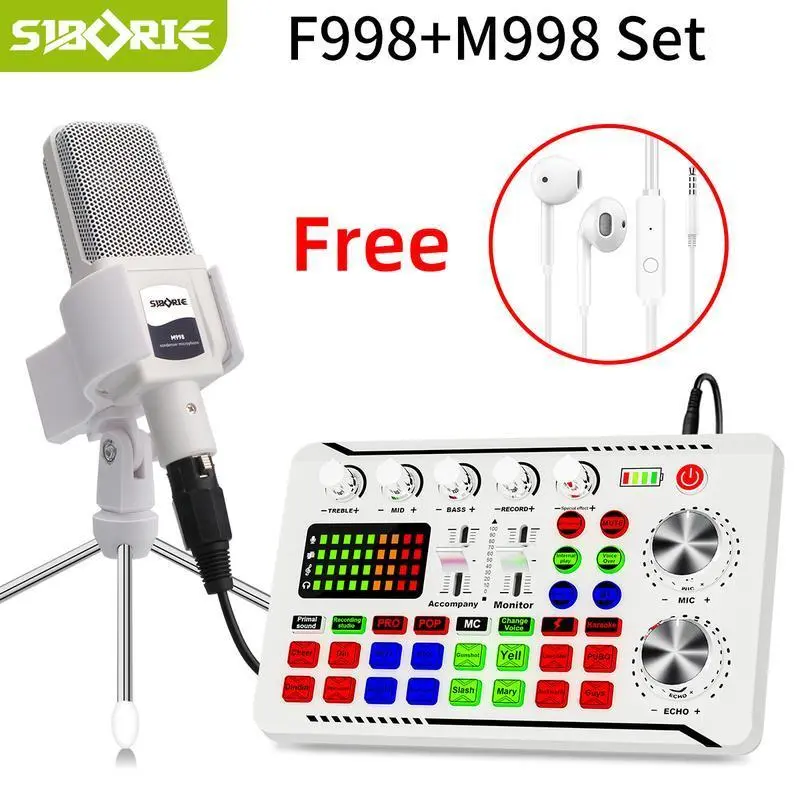 [SIBORIE] Bộ Mic Livestream Thu Âm M998 Kết Hợp souldcard F998 Whiteset, Tai Nghe, Dây Chuyển Đổi iP, Phụ Kiện Dây Sạc,Giá Đỡ 3 Chân,USB,Type-C