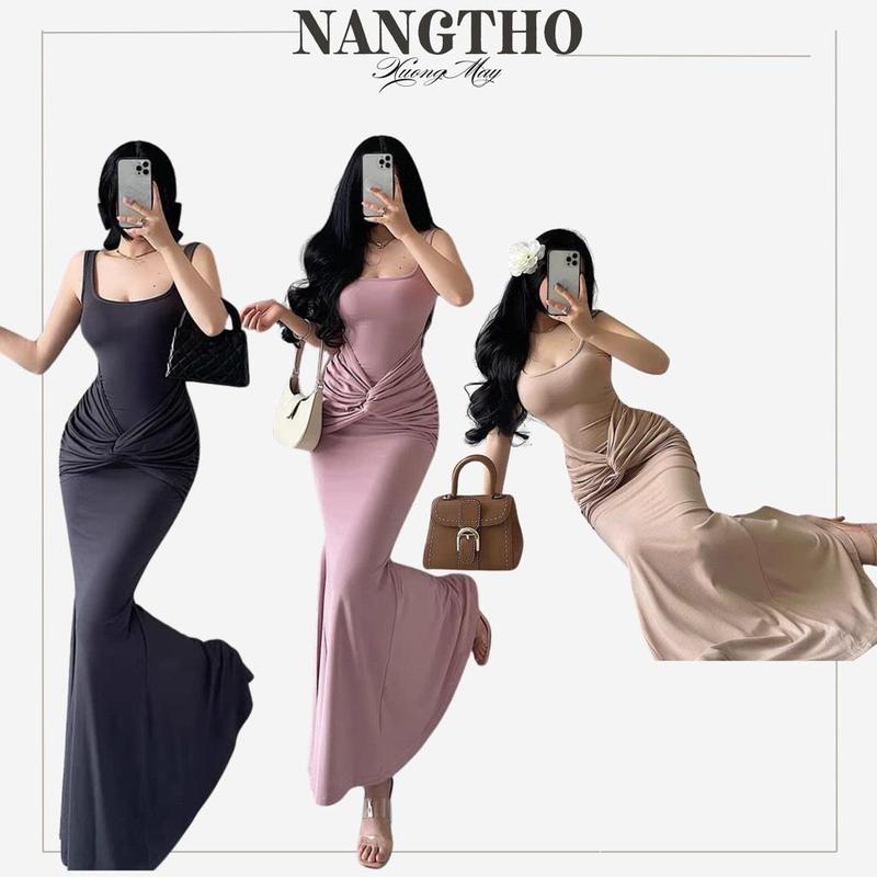 D166 Đầm 2s Đuôi Cá Xoắn Eo Chất Thun Gân Trung Co Giãn Nữ Women