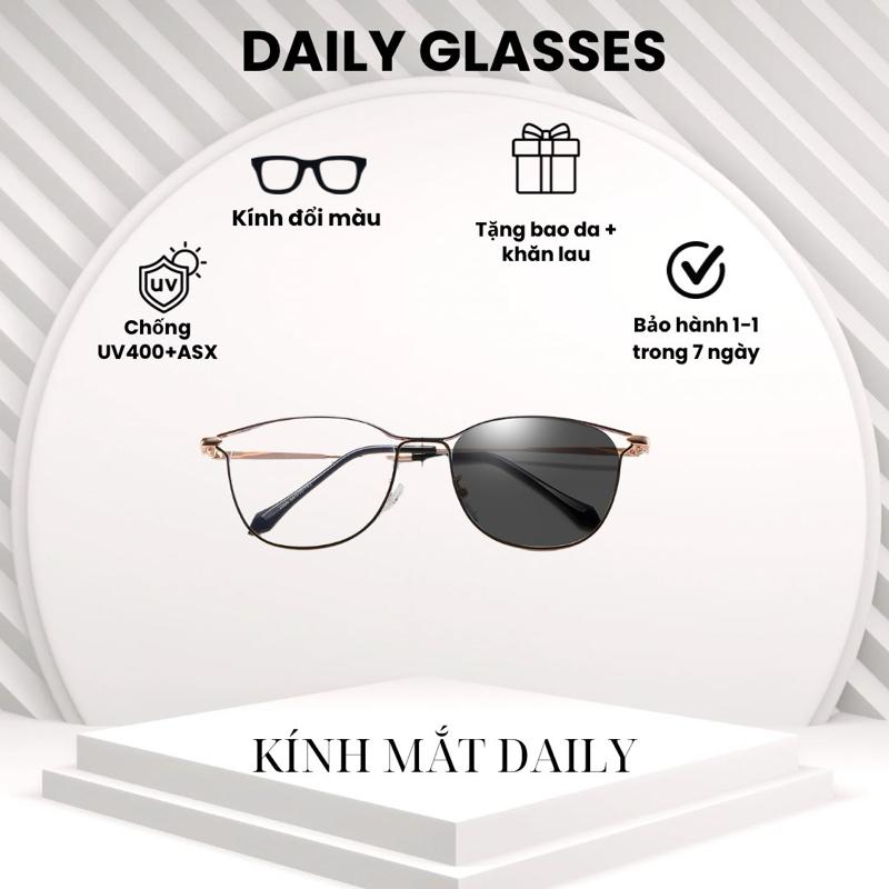 Kính mắt Daily-Km42-Đổi màu dáng Tròn bầu ,tròng kính nhựa cao cấp kết hợp gọng kim loại mảnh tinh tế( có thể thay tròng cận )