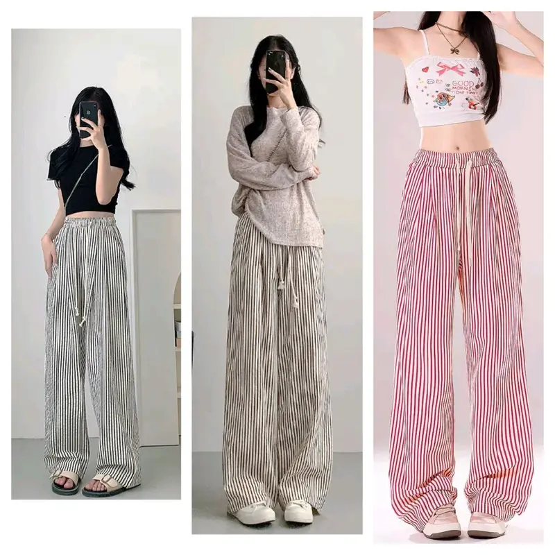 Combo 2 Quần kẻ sọc nữ ống rộng cạp cao chất đũi mềm mát. Women 1