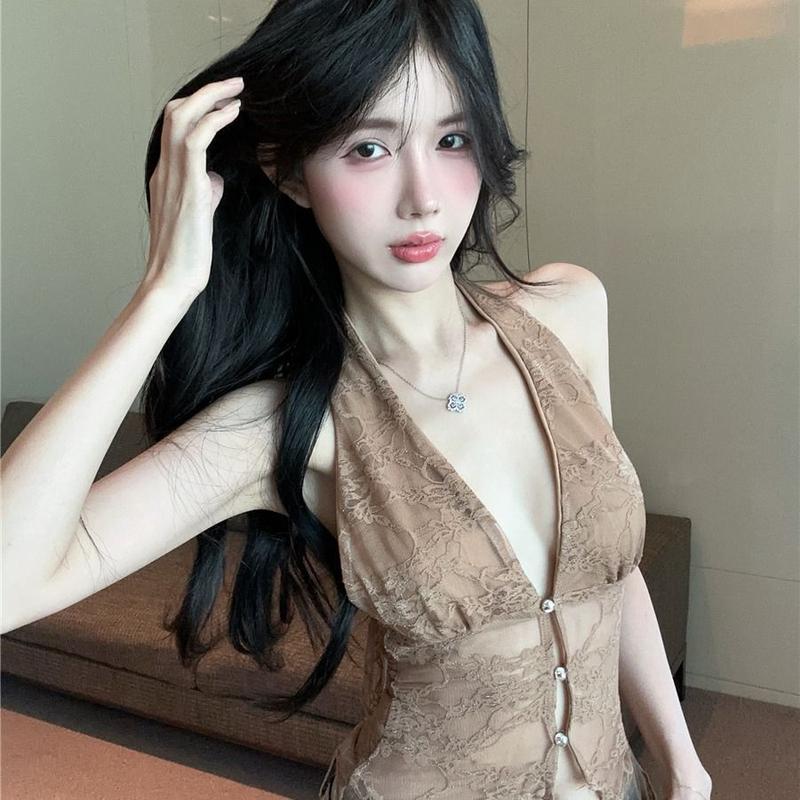 Áo Yếm Cổ Ren Cổ, Dành Cho Nữ, Không Tay, Nút Phía Trước, Áo Ba Lỗ 3