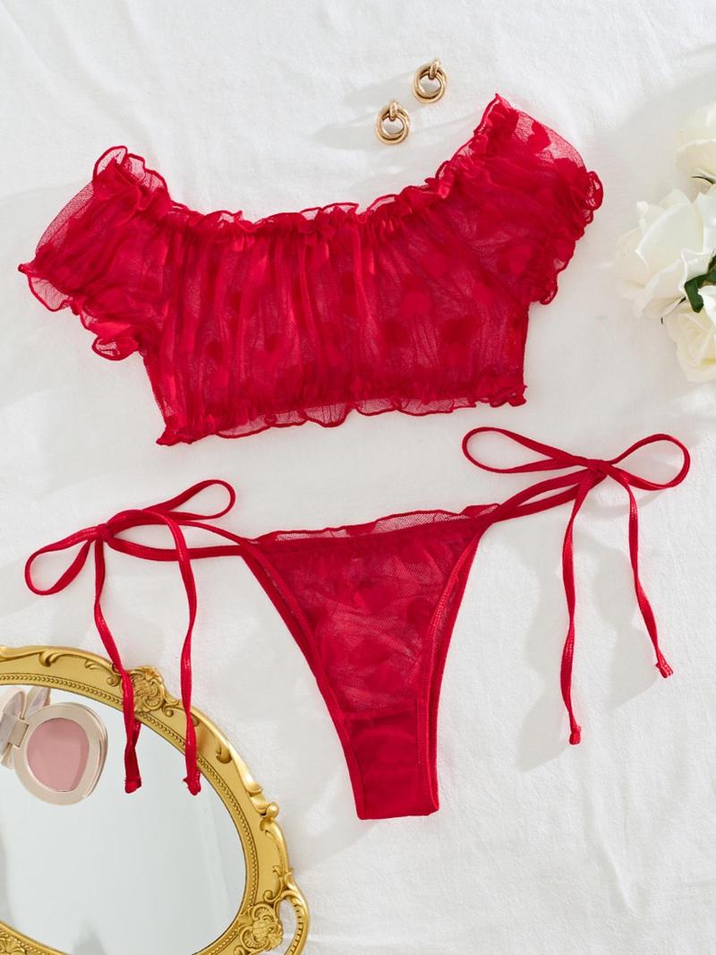 Product Introduction of Women's Heart Print Contrast Mesh Ruffle Trim Top & Thong Set, Sexy Swim Top & Cheeky Bottoms Set, Lingerie Set for Women 3