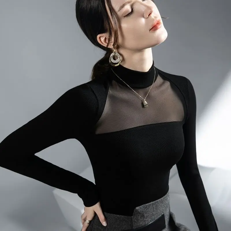 【Black mesh tight fitting clothing】2024 Micro Transparent Gauzy Stitching Tops Black Autumn Winter New Inner Wear Bottoming Shirt Women Long Sleeve Women's Women's Wear Chinese Clothing Women Clothing Black Tights Black Fishnet