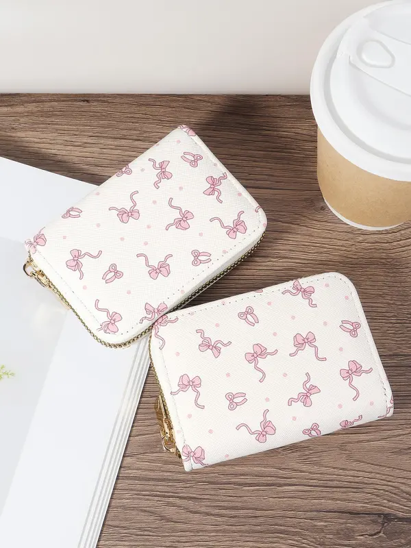 Women's Cute Cartoon Bow Pattern Card Holder, Casual Multi Card Holder with Double Zipper, Simple Casual Multi Card Holder for Outdoor Activities, Travel, and School 4