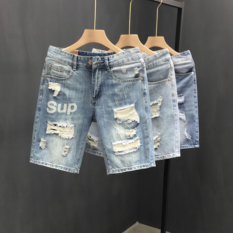 Quần Short Denim Rách, Mỏng Mùa Hè, Dành Cho Nam Giới, Thương Hiệu Thời Trang, Chất Liệu PU, Quần Đẹp Trai, Phong Cách Thẳng Hợp Xu hướng, Dáng Ôm, Dễ Phối Đồ, Quần Cropped 0